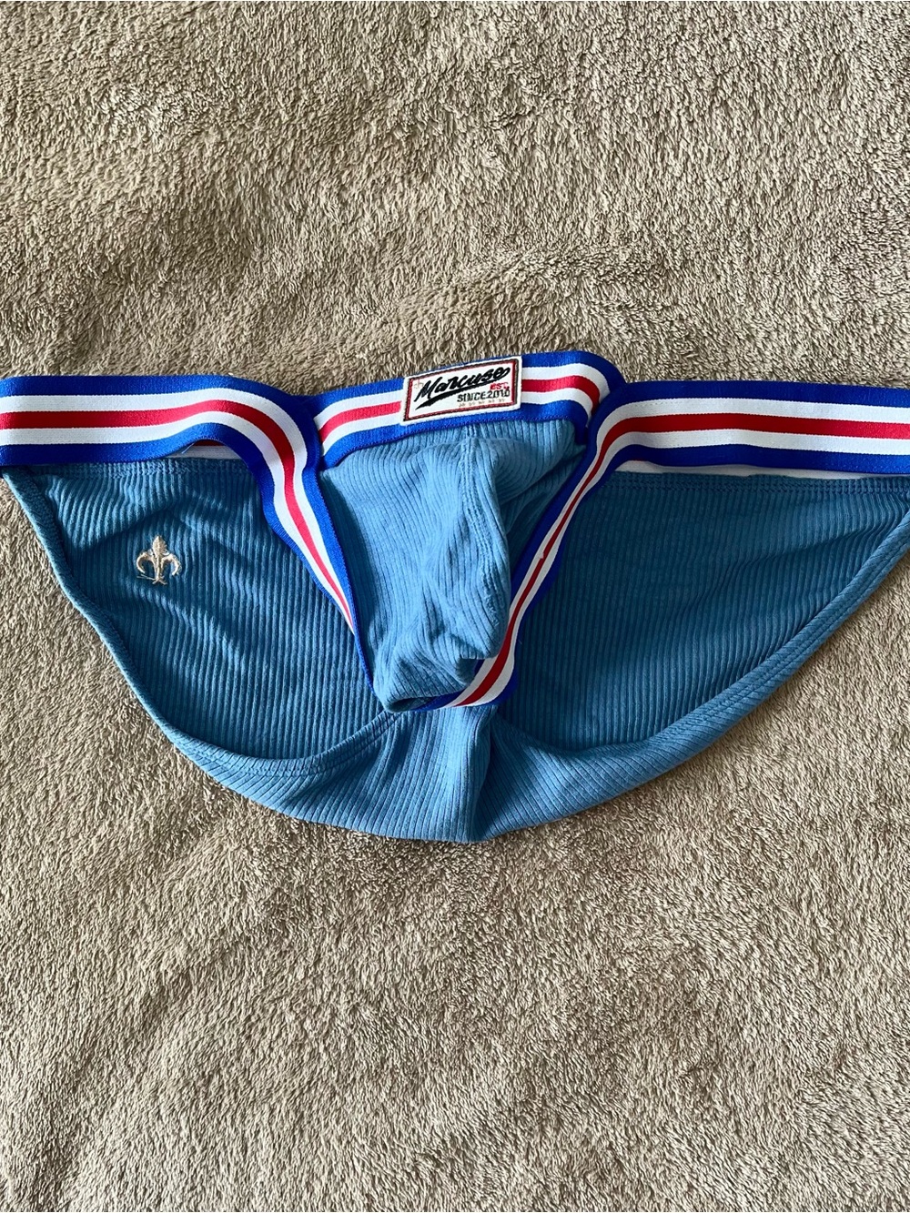 Marcuse Light Blue Ribbed Jockstrap with Tricolor Waistband